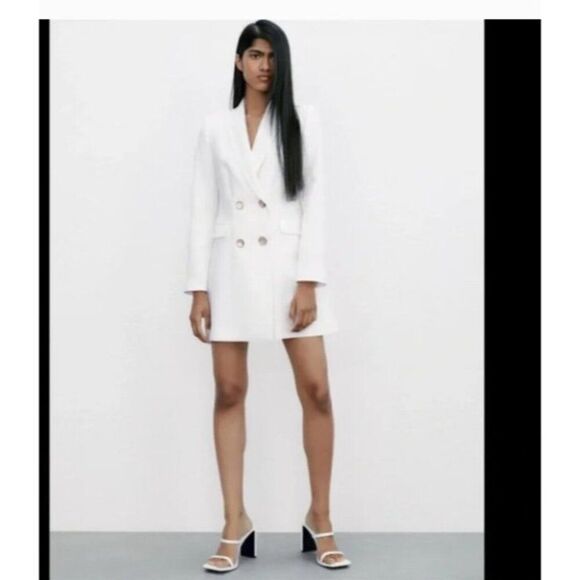 Zara Womens Long Blazer Suit Jacket White S Blogger double breasted 8246/232 NWT - Picture 1 of 7